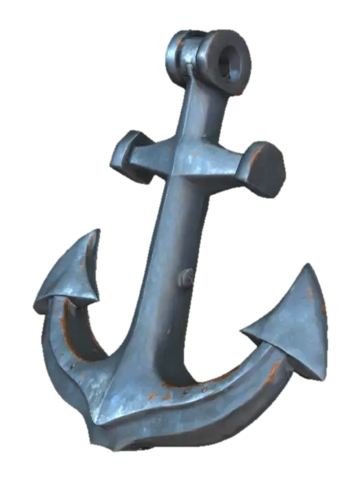 3D model for A large low-poly anchor made of dark, rusted metal, approximately 2 to 3 meters in size. It rapidly drops from above the water surface, creating bubbles and a splash effect. The anchor appears heavy and impactful. After landing, it remains fixed on the sea floor. Designed to signal the arrival of a massive ship in a 3D mobile game environment.