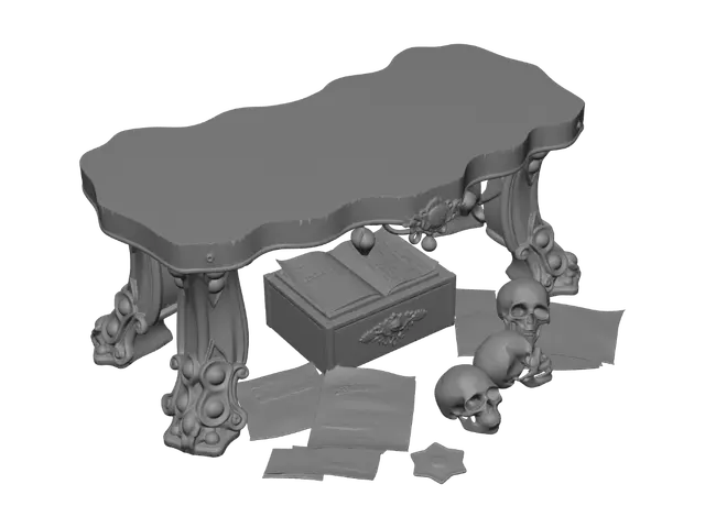 3D model for Create an evil sorcery table that a warlock or evil priest would use to cast spells and make potions. 
The table is made out of black stone with red veins going though it. The table has 4 legs with purple and blue gemstones embedded within each of the legs.
The centre of the table has a medium sized crystal ball that is glowing purple.
Scattered over the table are random skulls, paper with arcane runes and various other evil items.