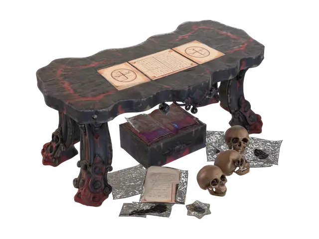 3D model for Create an evil sorcery table that a warlock or evil priest would use to cast spells and make potions. 
The table is made out of black stone with red veins going though it. The table has 4 legs with purple and blue gemstones embedded within each of the legs.
The centre of the table has a medium sized crystal ball that is glowing purple.
Scattered over the table are random skulls, paper with arcane runes and various other evil items.