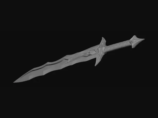 3D model for Masterpiece, detailed anime fantasy greatsword, glowing purple dark energy core, ancient runes on the blade, sharp jagged edges, black and gold hilt, cinematic, game asset