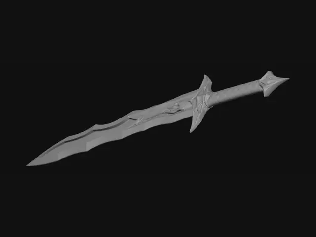 3D model for Masterpiece, detailed anime fantasy greatsword, glowing purple dark energy core, ancient runes on the blade, sharp jagged edges, black and gold hilt, cinematic, game asset