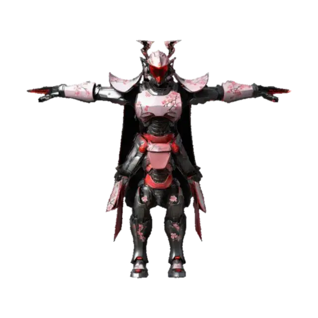 3D model for #hard surface# Cyber Samurai Power Armor, feudal-Japan inspired plating, cherry-blossom etched pauldrons, retractable energy katana, neon-red visor, T-pose, Warframe-style sleek angles, matte black titanium alloy, hydraulic izaakim leg springs, photorealism