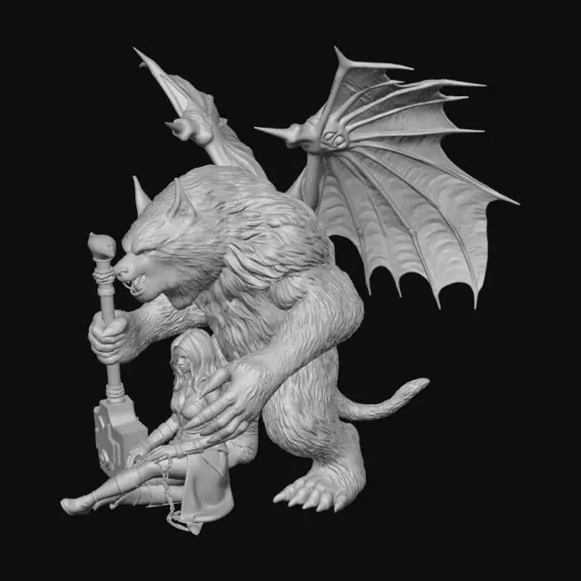 3D model for Huge bear-like creature with bat wings drapped around it, holding a large warhammer in both hands with a beautiful woman in shackles sitting in front of it.