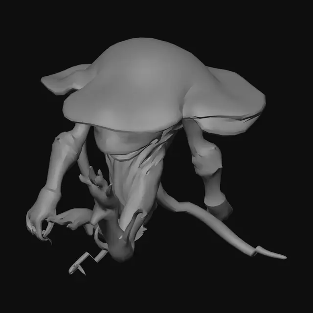 3D model for Ancient fungal guardian creature, massive asymmetrical silhouette, giant mushroom armor, root structures, glowing spores, industrial debris fused into the body, semi-realistic dark fantasy creature, post-apocalyptic environment, highly detailed game-ready 3D model, full body, clean topology