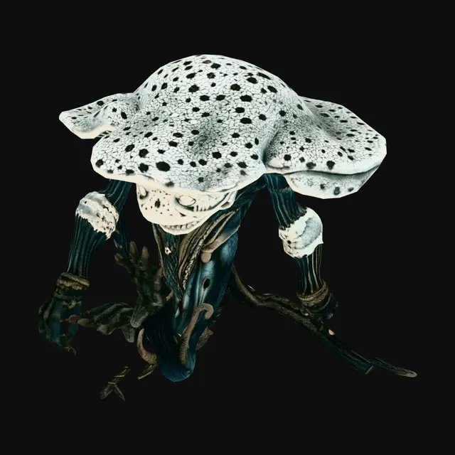 3D model for Ancient fungal guardian creature, massive asymmetrical silhouette, giant mushroom armor, root structures, glowing spores, industrial debris fused into the body, semi-realistic dark fantasy creature, post-apocalyptic environment, highly detailed game-ready 3D model, full body, clean topology
