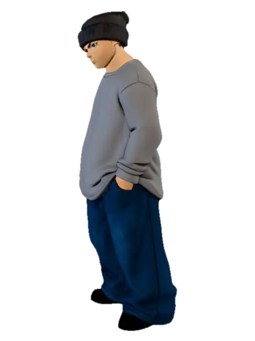 Toma como referencia la foto. Convierte a la persona en un personaje estilo anime… - Longpants 3D model, vytvořený pomocí AI
