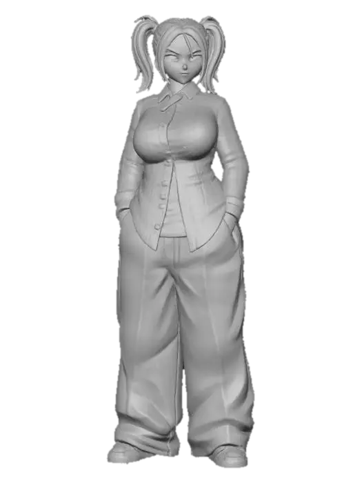 3D model for Toma como referencia la foto. Convierte a la persona en un personaje estilo anime. conserva su estatura y cuerpo. no lentes no sombrero. ropa estilo homie. cholo. con pantalones cholos. que cubran los pies. y solo la punta de los tenis salga. camisa de manga larga abrochada en el cuello, y abierta, por debajo trae un polera blanca. cabello claro. con dos coletas. con sus pechos copa D. y gluteos grandes y redondoss. talla mediana. y poses de ganster