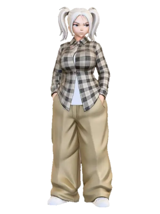 3D model for Toma como referencia la foto. Convierte a la persona en un personaje estilo anime. conserva su estatura y cuerpo. no lentes no sombrero. ropa estilo homie. cholo. con pantalones cholos. que cubran los pies. y solo la punta de los tenis salga. camisa de manga larga abrochada en el cuello, y abierta, por debajo trae un polera blanca. cabello claro. con dos coletas. con sus pechos copa D. y gluteos grandes y redondoss. talla mediana. y poses de ganster