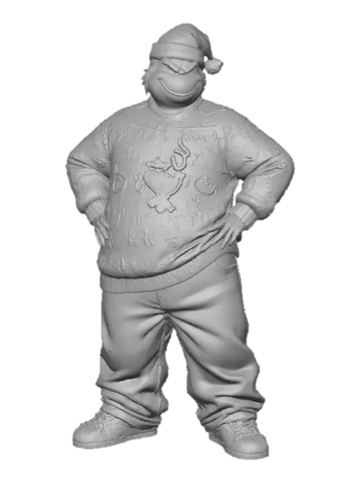 3D model for #Christmas2025#, Toma como refrencia la foto. Conviertelo en un grinch de color verde y con traje navideño. en estilo cholo con sus jersey larga y ancha . jeans baggy que cubrean los apatos. tenis addidas. o algun tipo de converse. Mantener el cuerpo en talla mediana. En un estilo anime. Con sus mano en la cadra. con poses geniales estilo grinch