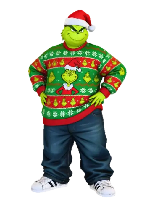 3D model for #Christmas2025#, Toma como refrencia la foto. Conviertelo en un grinch de color verde y con traje navideño. en estilo cholo con sus jersey larga y ancha . jeans baggy que cubrean los apatos. tenis addidas. o algun tipo de converse. Mantener el cuerpo en talla mediana. En un estilo anime. Con sus mano en la cadra. con poses geniales estilo grinch