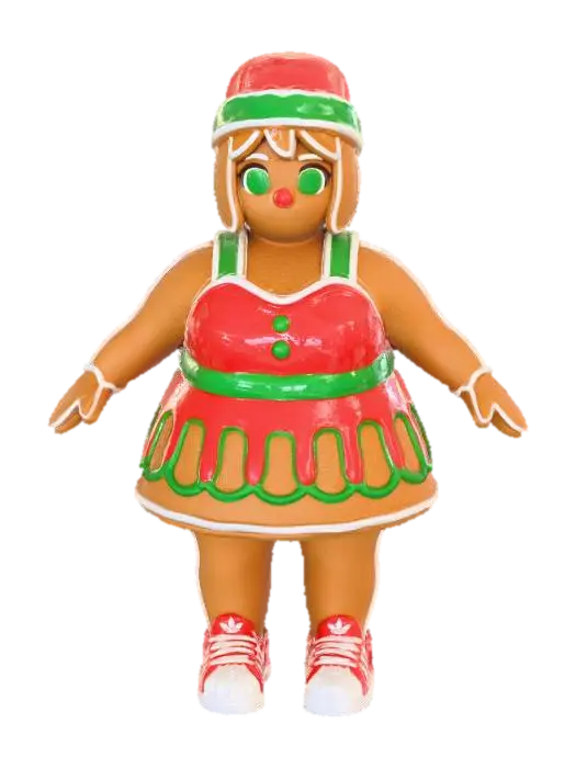 3D model for #Christmas2025#, Toma como refrencia la foto. Conviertelo en un personaje de anime. como una mujer de galleta de genjibre. con icing en los bordes usando como referencia la foto. la ropa sera com icing usando addidas como sapatos y el cuerpo hecho de galleta pero tambien en una forma. con traje de navidad. ojos y nariz de gomita,