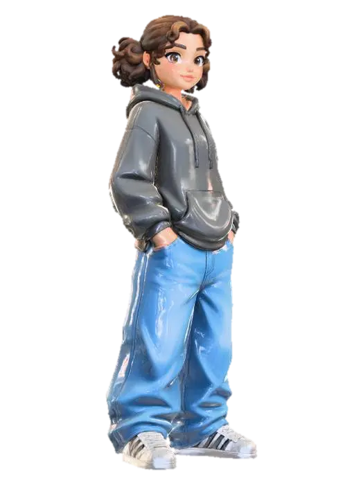 copia al personaje de anime . estilo cholo. y jeans baggy que cubra sus pies . sin… 3D model, vytvořený pomocí AI