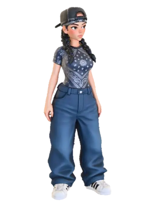 copia al personaje de anime . estilo cholo. y jeans baggy que cubra sus pies . sin… 3D model, vytvořený pomocí AI
