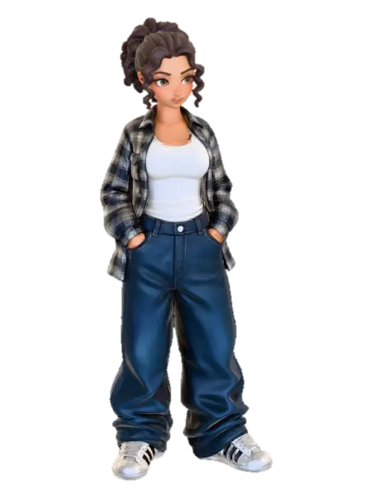 copia al personaje de anime . estilo cholo. y jeans baggy que cubra sus pies . sin… 3D model, vytvořený pomocí AI