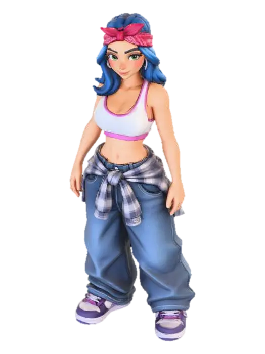 copia al personaje de anime . estilo cholo. y jeans baggy que cubra sus pies . sin… 3D model, vytvořený pomocí AI