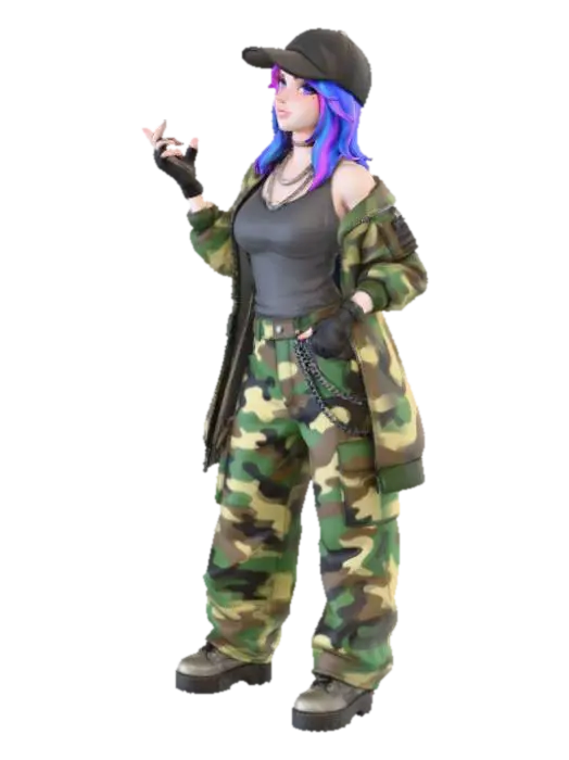 copia al personaje de anime, usa colores militares y poses de modelo pantalon y… - Baggy 3D model, vytvořený pomocí AI