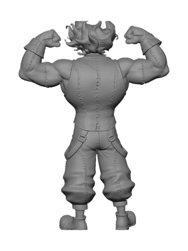 3D model for crea un payaso . estilo anime con ropa de payaso estilo ganster que tenga pelo ondulado . musculoso que se vean los musculos sobre la ropa haciendo pose de fisiculturista. el con una mirada malvadan, con tank top. colores de super heroe estilo steam punk