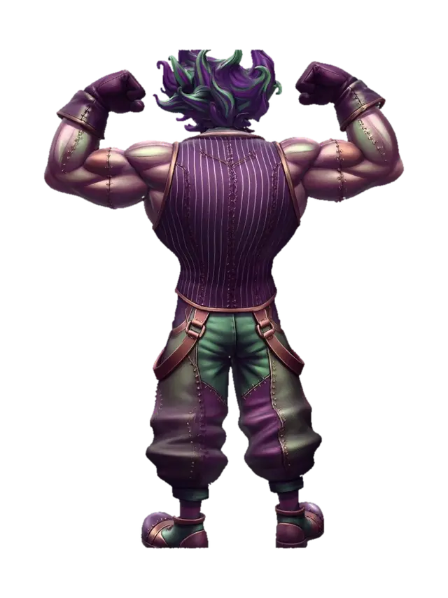 3D model for crea un payaso . estilo anime con ropa de payaso estilo ganster que tenga pelo ondulado . musculoso que se vean los musculos sobre la ropa haciendo pose de fisiculturista. el con una mirada malvadan, con tank top. colores de super heroe estilo steam punk