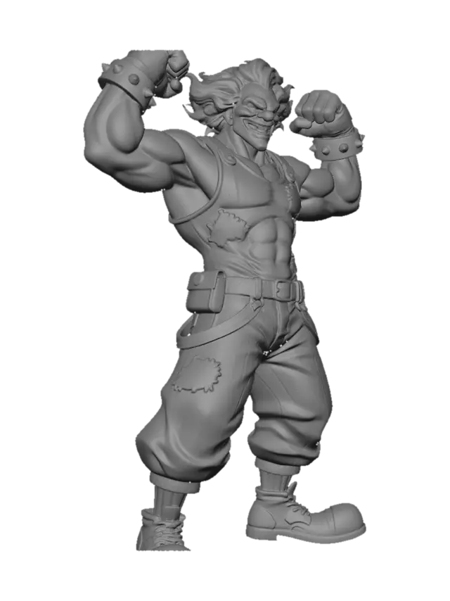 3D model for crea un payaso . estilo anime con ropa de payaso estilo ganster que tenga pelo ondulado . musculoso que se vean los musculos sobre la ropa haciendo pose de fisiculturista. el con una mirada malvadan, con tank top. colores de super heroe estilo steam punk