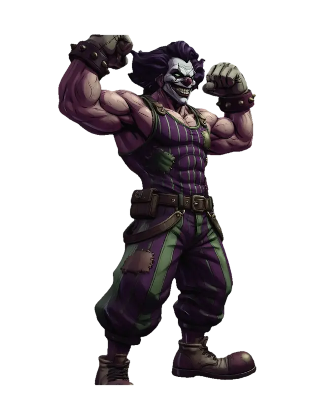 3D model for crea un payaso . estilo anime con ropa de payaso estilo ganster que tenga pelo ondulado . musculoso que se vean los musculos sobre la ropa haciendo pose de fisiculturista. el con una mirada malvadan, con tank top. colores de super heroe estilo steam punk