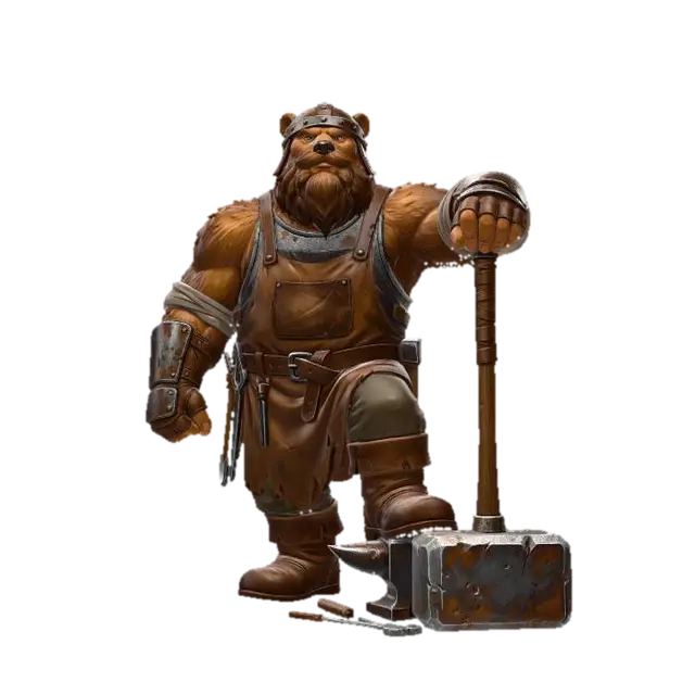 crea un oso enano como si fuera un herrero con sus heramientas y ropa de herrero. con… 3D model, vytvořený pomocí AI