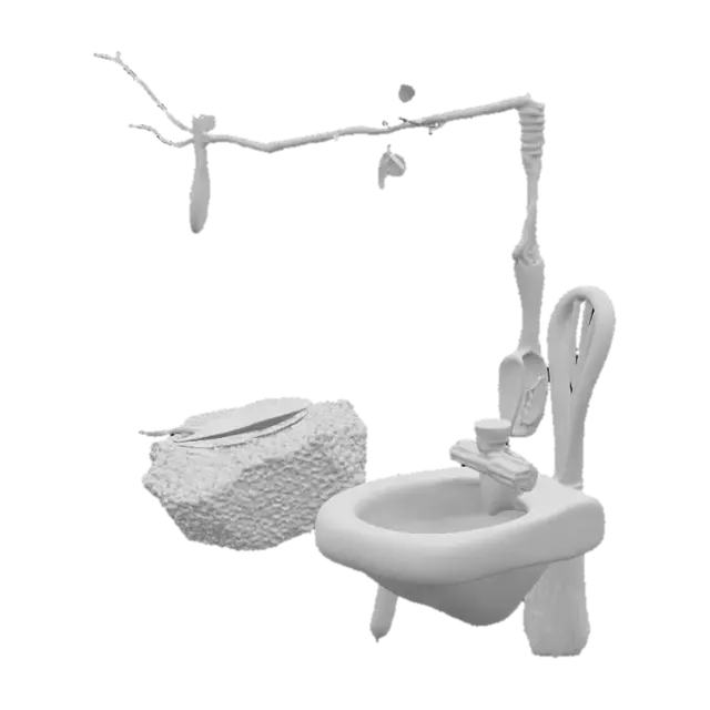 3D model for A Wood With An Toothbrush An Mirror, A Soft Leaf In The  Ground, Rock With Chair, Water Sink With Dirt, Soap With Water