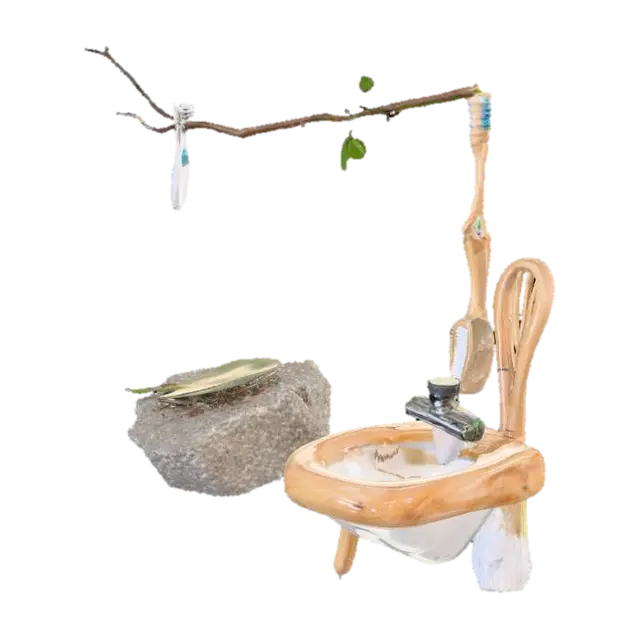 3D model for A Wood With An Toothbrush An Mirror, A Soft Leaf In The  Ground, Rock With Chair, Water Sink With Dirt, Soap With Water