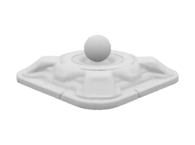 3D model for A futuristic abstract sci-fi display base with sleek metallic surfaces, glowing neon accents (blue and purple), and floating geometric panels. The base has an energy core in the center emitting a soft, pulsating light, with holographic interfaces projected above it. Surroundings are minimalistic with a dark, high-tech environment and a misty glow effect. The design should feel otherworldly, advanced, and elegant, with sharp edges and flowing curves blending together.