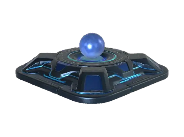 3D model for A futuristic abstract sci-fi display base with sleek metallic surfaces, glowing neon accents (blue and purple), and floating geometric panels. The base has an energy core in the center emitting a soft, pulsating light, with holographic interfaces projected above it. Surroundings are minimalistic with a dark, high-tech environment and a misty glow effect. The design should feel otherworldly, advanced, and elegant, with sharp edges and flowing curves blending together.