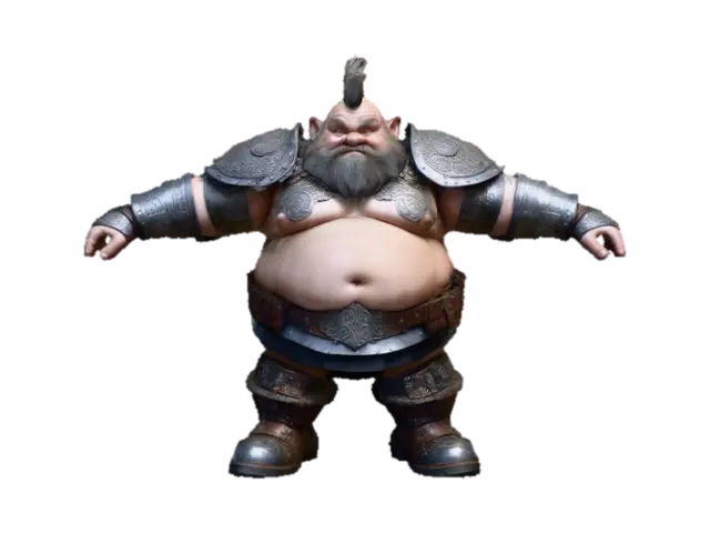 Modello 3D OBESE DWARF WEARING A INTRICATE METAL ARMOR WITH wolf MOTIVES ON THE CHEST, HIS HAIR… - Mohawk, generato dall’IA