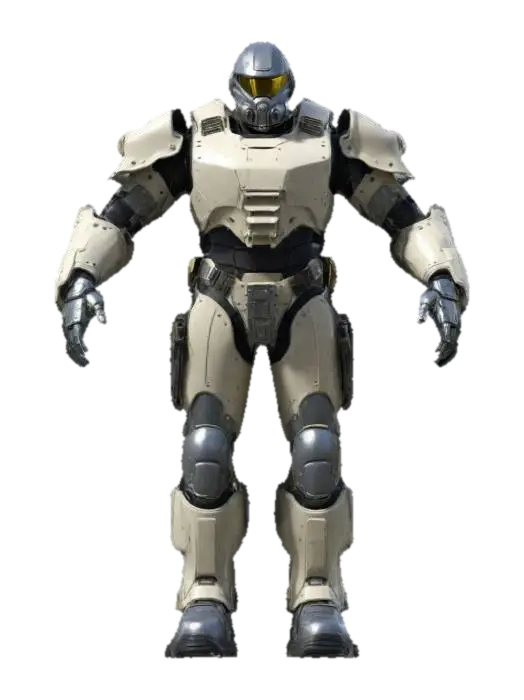 Military power armor Exoskeleton with ballistic vest and wearing a harness but… - Warhammer 3D model, vytvořený pomocí AI