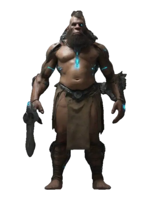 a cave man but he is a cyborg, mixed of primitive and futuristic,… - Dystopia 3D model, vytvořený pomocí AI
