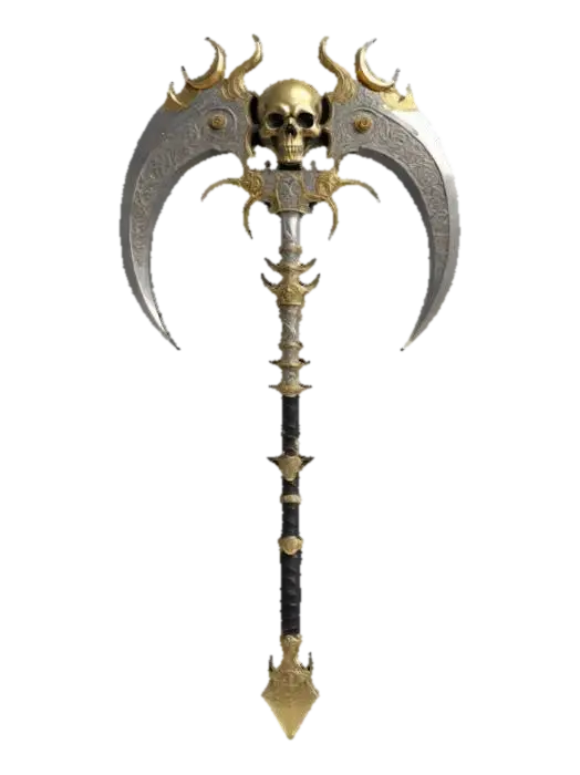 The object is a double-bladed scythe with curved, red blades, a central skull… 3D model, vytvořený pomocí AI
