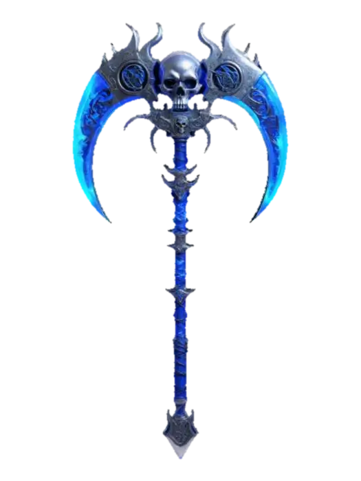 The object is a double-bladed scythe with curved, red blades, a central skull… 3D model, vytvořený pomocí AI