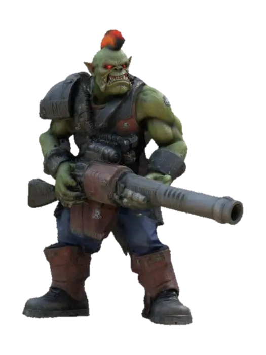 Modello 3D ork from warhammer 40k, holding a huge machine gun - Mohawk, generato dall’IA