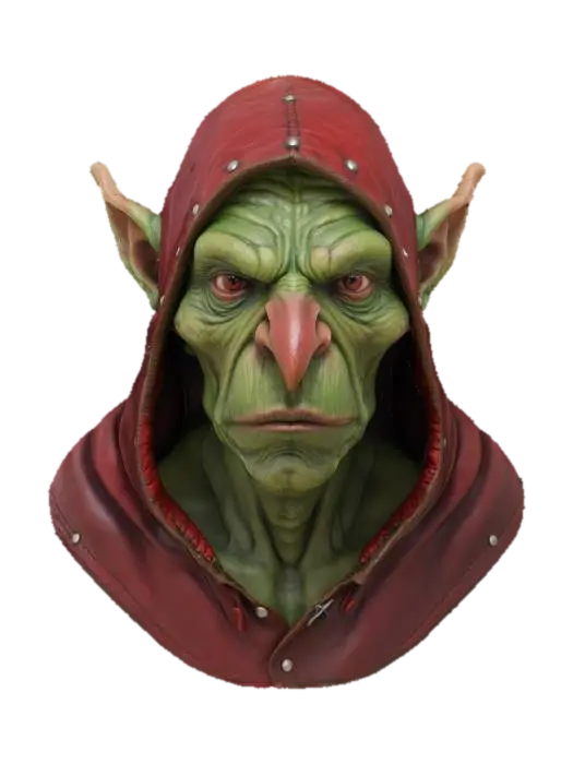 goblin alchemist bust, wearing a red leather medieval hoodie, he is old, his nose is… - Big 3D model, vytvořený pomocí AI
