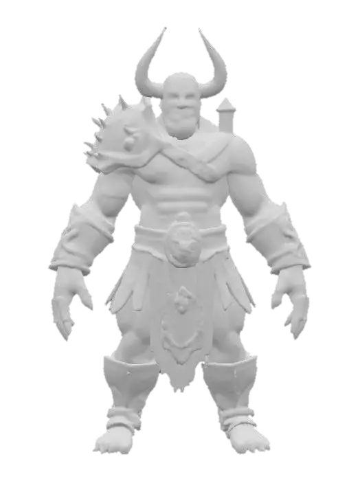 3D model for muscular goblin viking WEARING A INTRICATE leather ARMOR WITH skull MOTIVES ON THE CHEST, HIS HAIR IS A long and braided as his long black beard in contrast with his pale skin, no weapon, a-posed