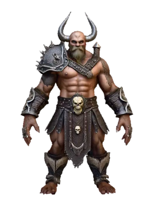 3D model for muscular goblin viking WEARING A INTRICATE leather ARMOR WITH skull MOTIVES ON THE CHEST, HIS HAIR IS A long and braided as his long black beard in contrast with his pale skin, no weapon, a-posed
