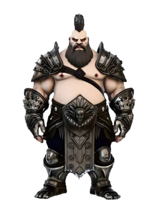 Modello 3D EVIL OBESE DWARF WEARING A INTRICATE METAL ARMOR WITH EAGLE MOTIVES ON THE CHEST, HIS… - Mohawk, generato dall’IA