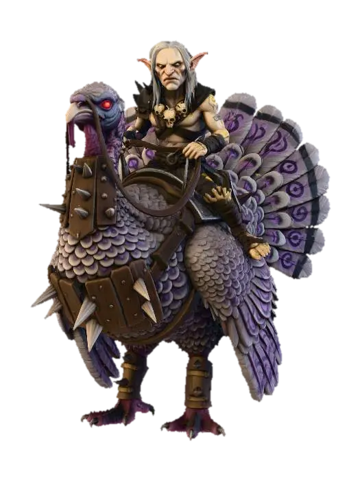 #Thanksgiving#, A grizzled ALBINO goblin with LONG HAIR rides a massive armored… - Turkey 3D model, vytvořený pomocí AI