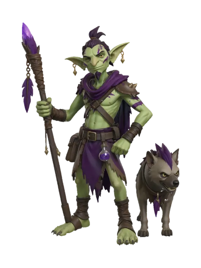 Goblin Shaman and Wolf Companion 3D model, vytvořený pomocí AI