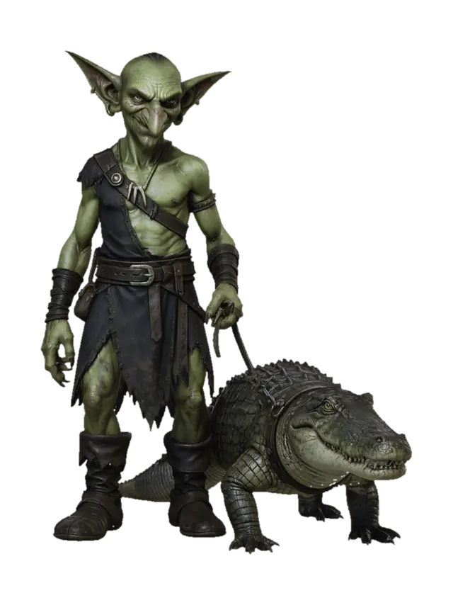 Goblin Tamer and Crocodile Companion 3D model, vytvořený pomocí AI