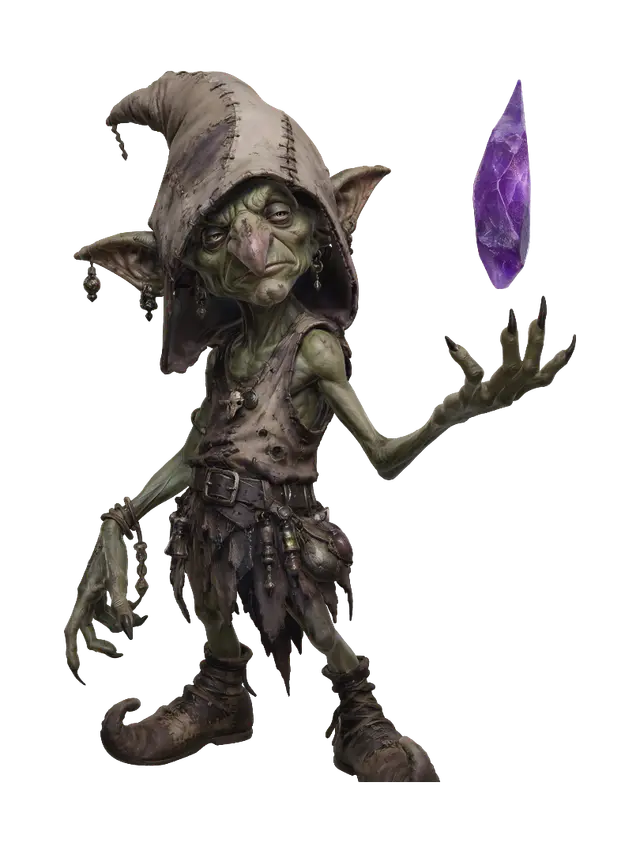 Goblin Mage and the Amethyst Crystal 3D model, vytvořený pomocí AI