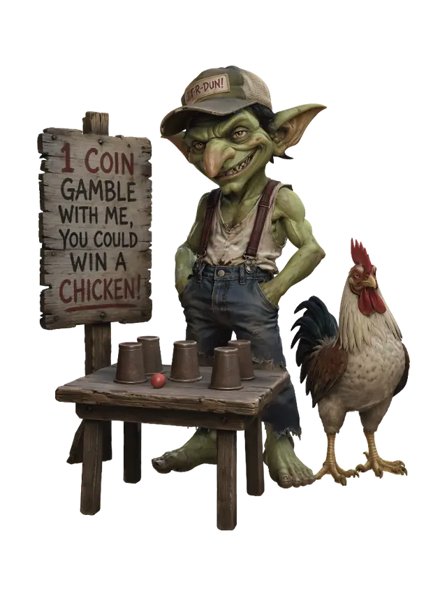 Goblin Gambler and the Chicken 3D model, vytvořený pomocí AI