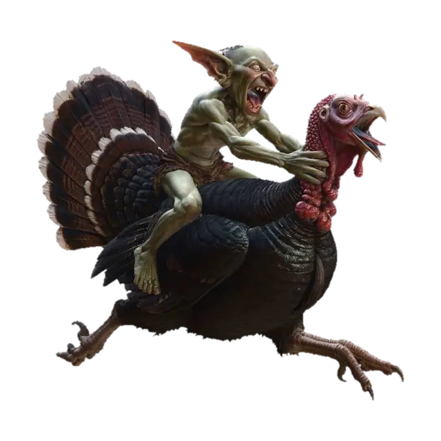 Goblin Rider on a Giant Turkey 3D model, vytvořený pomocí AI