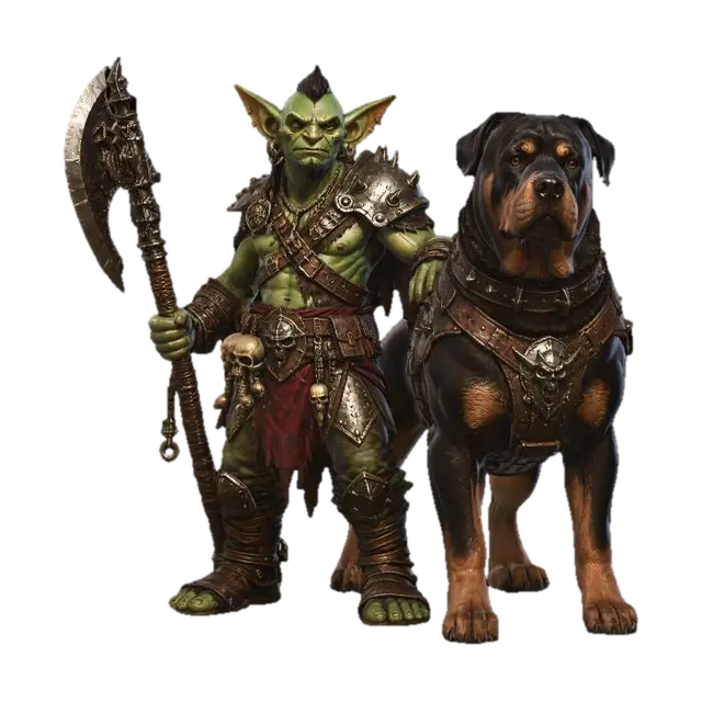 Orc Warlord and Armored Mastiff-3D-modell, genererad av AI