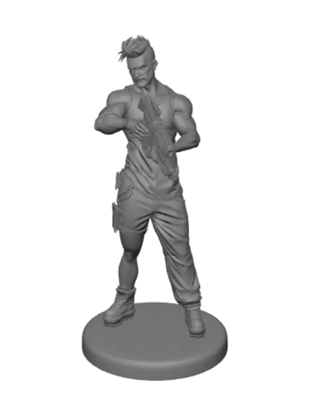 3D model for crie uma pessoa realista com sombras meio steampunk meio humano e ele usa uma regata branca e uma calça preta e uma metralhadora com linhas artificiais e azuis e ciano com um gatilho cinza e ele tem pupilas azuis e cabelo preto e ele tem 35 anos com barba pequena