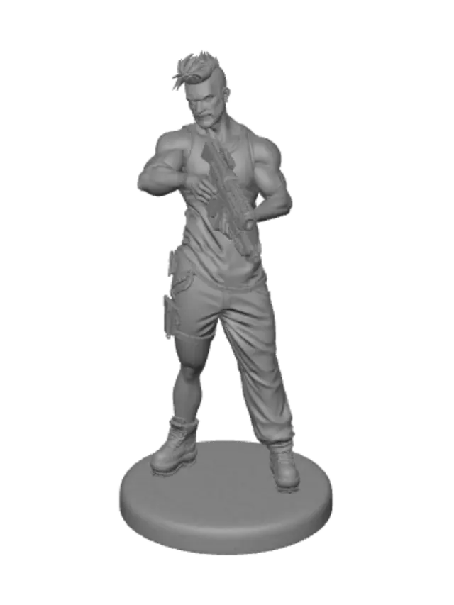 3D model for crie uma pessoa realista com sombras meio steampunk meio humano e ele usa uma regata branca e uma calça preta e uma metralhadora com linhas artificiais e azuis e ciano com um gatilho cinza e ele tem pupilas azuis e cabelo preto e ele tem 35 anos com barba pequena