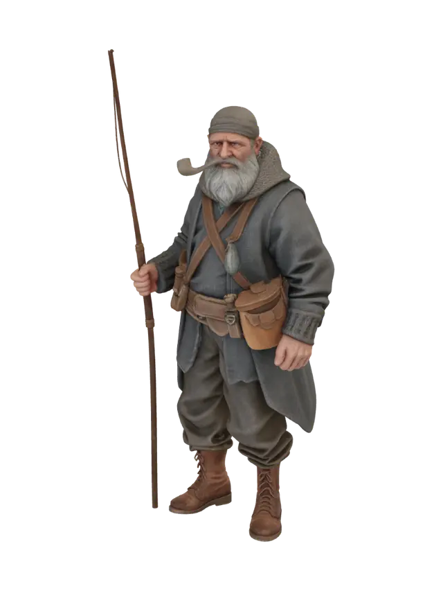 Dungeons & Dragons fisherman NPC miniature, rugged middle-aged human male with… - Fishing 3D model, vytvořený pomocí AI