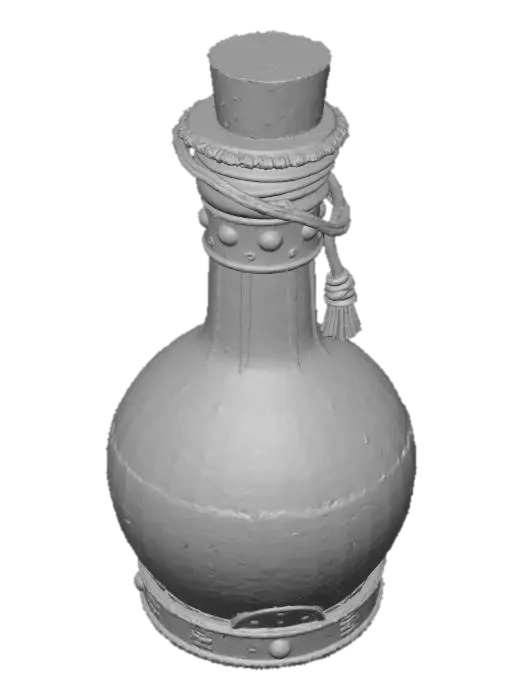 3D model for A magical fantasy potion bottle, alchemist's flask. The bottle is made of thick, bubbling translucent green glass. A cork stopper is wrapped in old leather straps and sealed with dripping gold wax. Glowing magical runes are etched onto the glass surface. Highly detailed, intricate, fantasy prop.
